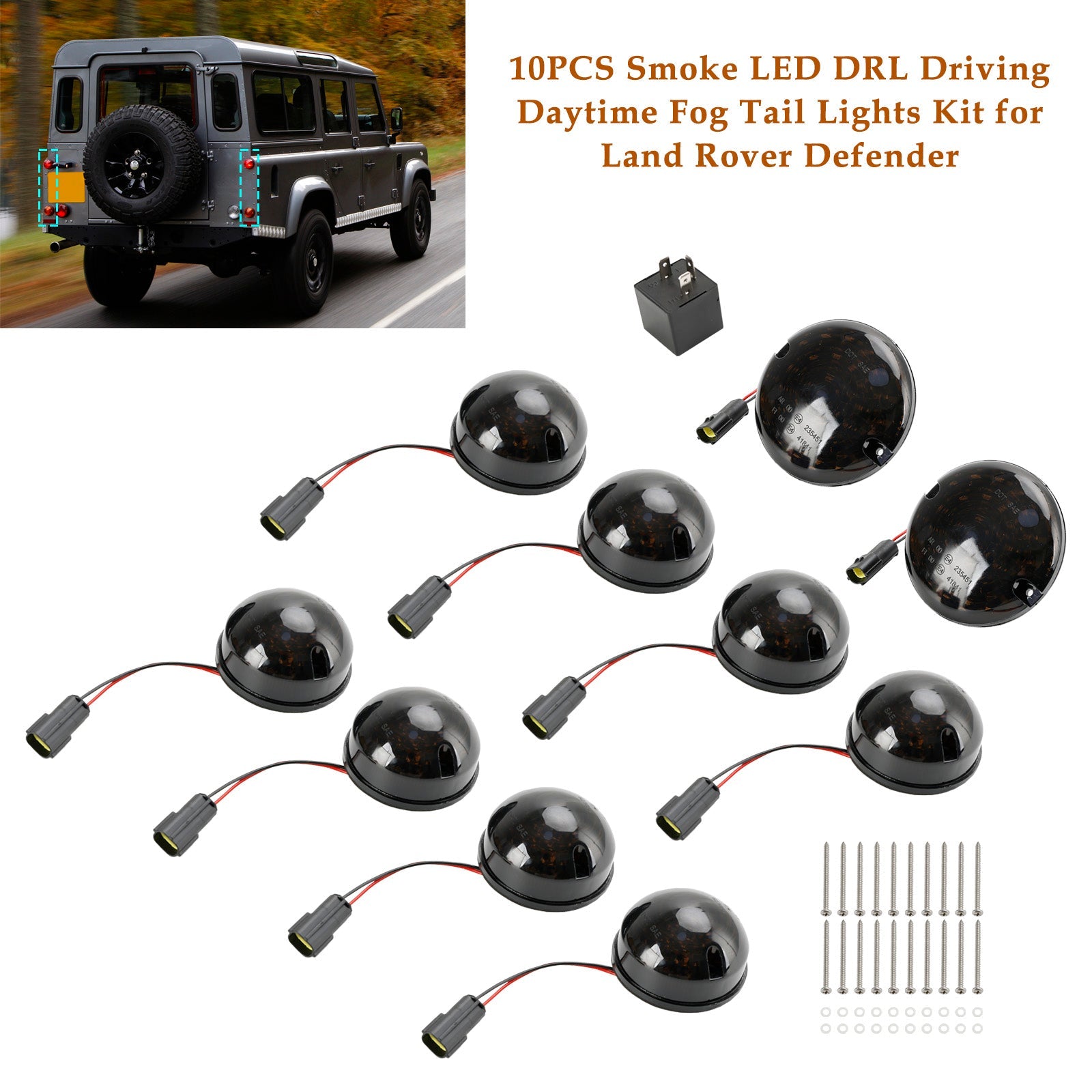 1983-1990 Land Rover Defender 90/110 Smoke LED DRL Driving Daytime Fog Tail Lights Kit 10PCS