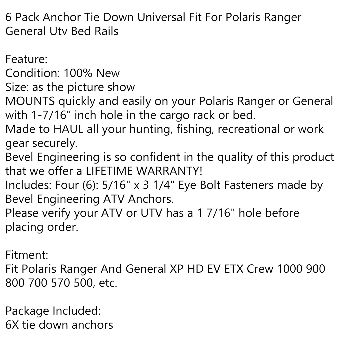 Polaris Ranger General Utv 6 Pack- Bed Tie Downs Twist Lock Anchors