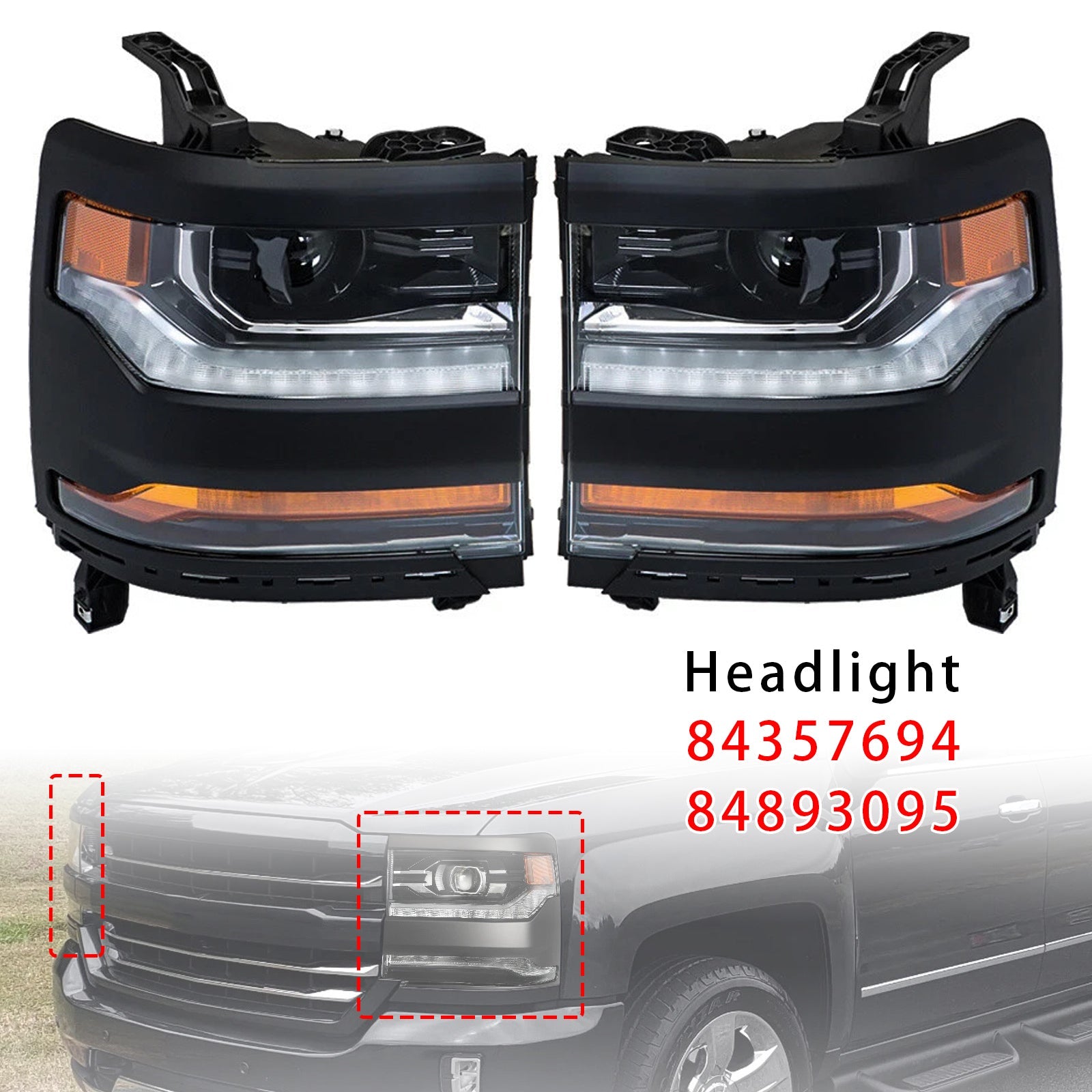 2016-2019 For Chevy Silverado 1500 Left+Right LED Headlight Gloss Black 84357696 84893098