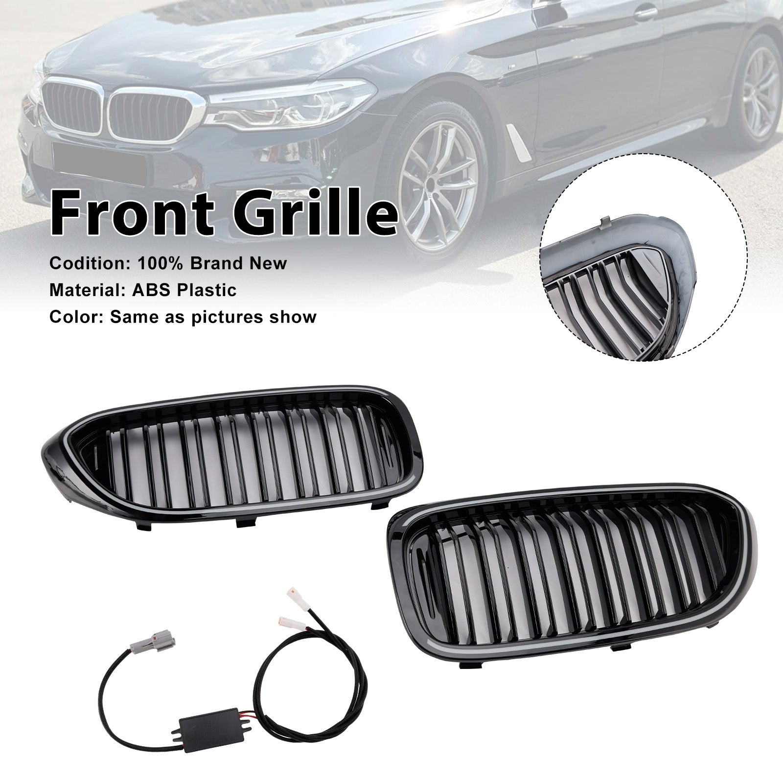 Gloss Black Double Slat Front Kidney Grille Fit BMW 5 Series G30 G31 2017-2020