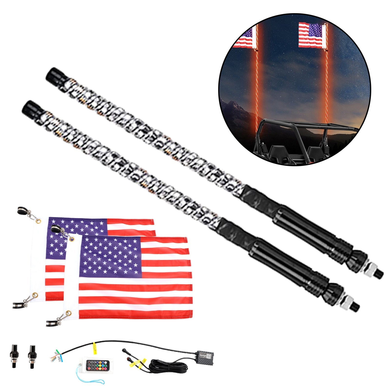 Sport Utility 4WD 4X4 Mining Marine Car excavator 2X 2ft RGB LED APP Whip Lights Antenna W/ Flag Remote Control