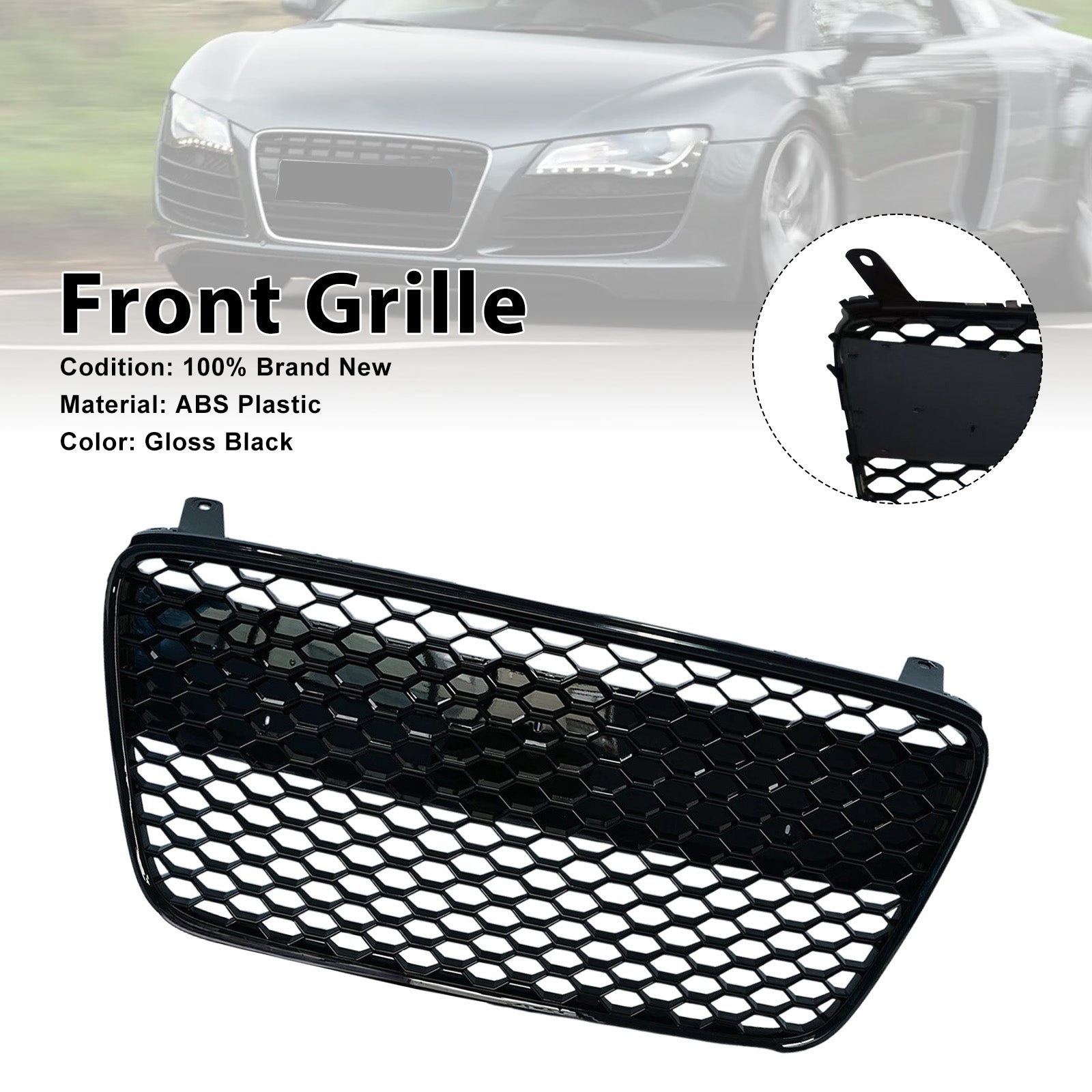 2008 For Audi R8 Front Henycomb Bumper Grille Grill Gloss Black