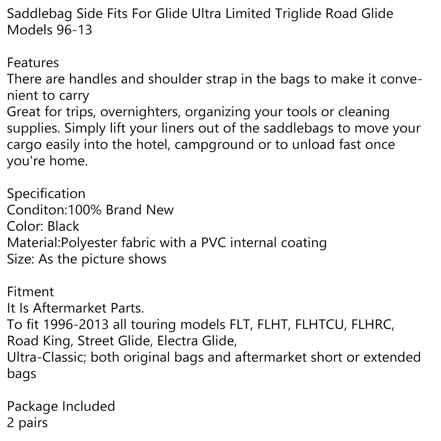 96-13 Glide Limited Triglide Road Glide Models 4X Saddlebag Side Bags