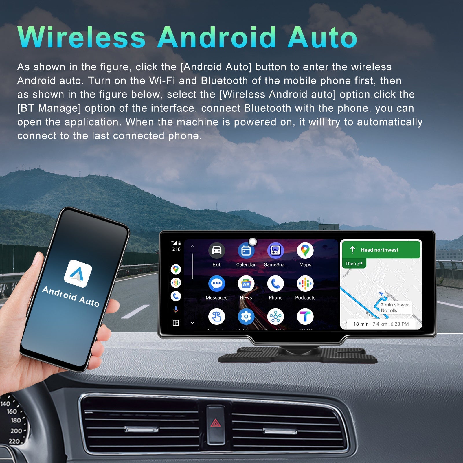 10.77" Portable Bluetooth Car Navigation Wireless Carplay HD Large Touch Screen