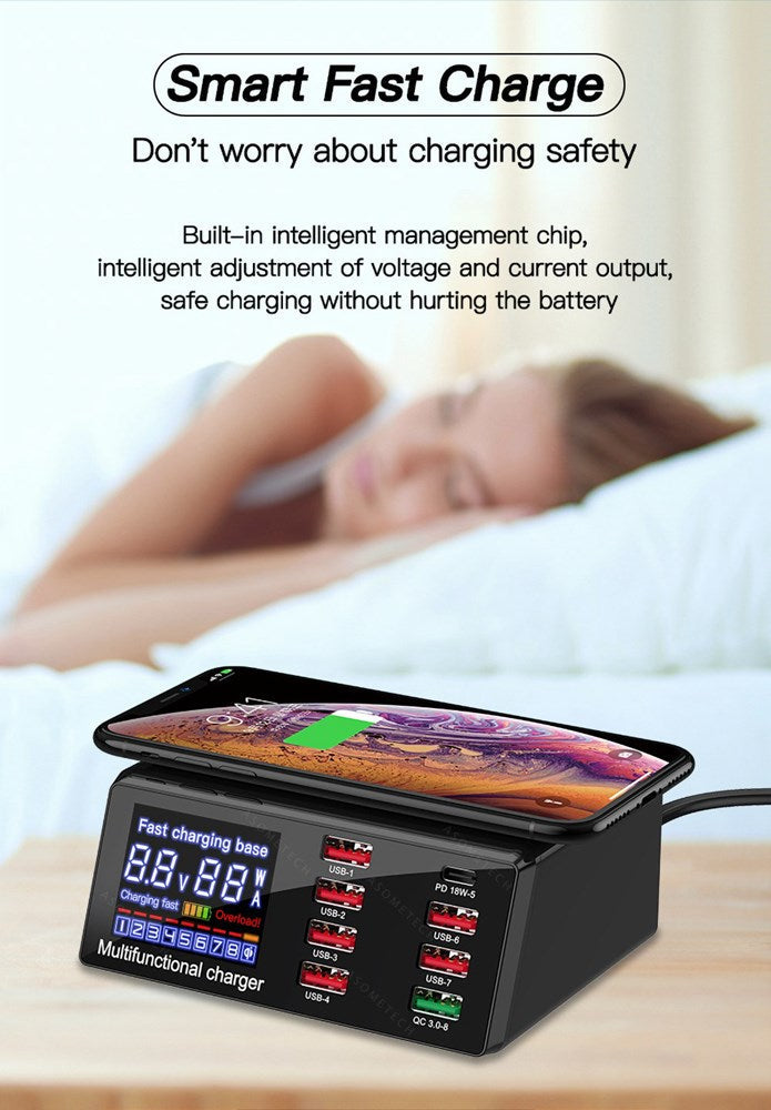 100W 8 Ports USB QC 3.0 Fast PD Quick Adapter Wireless Charging Station UK Plug