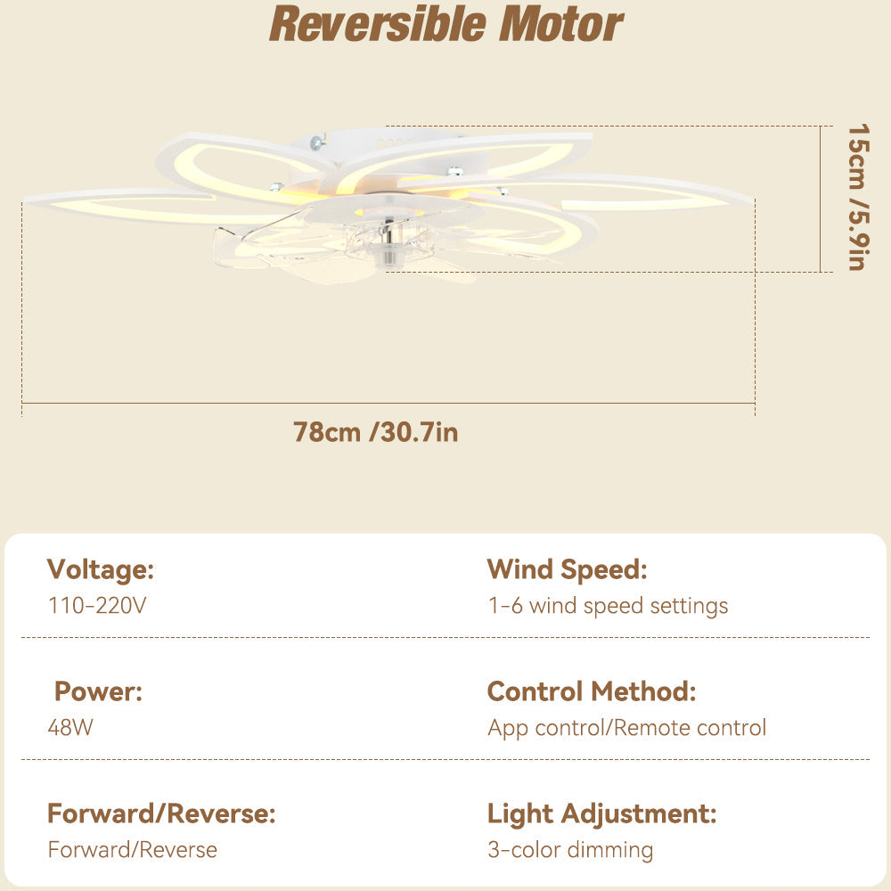 6-Speed Dimmable Quiet for Bedroom LED Ceiling Fan with Light App Control&Remote