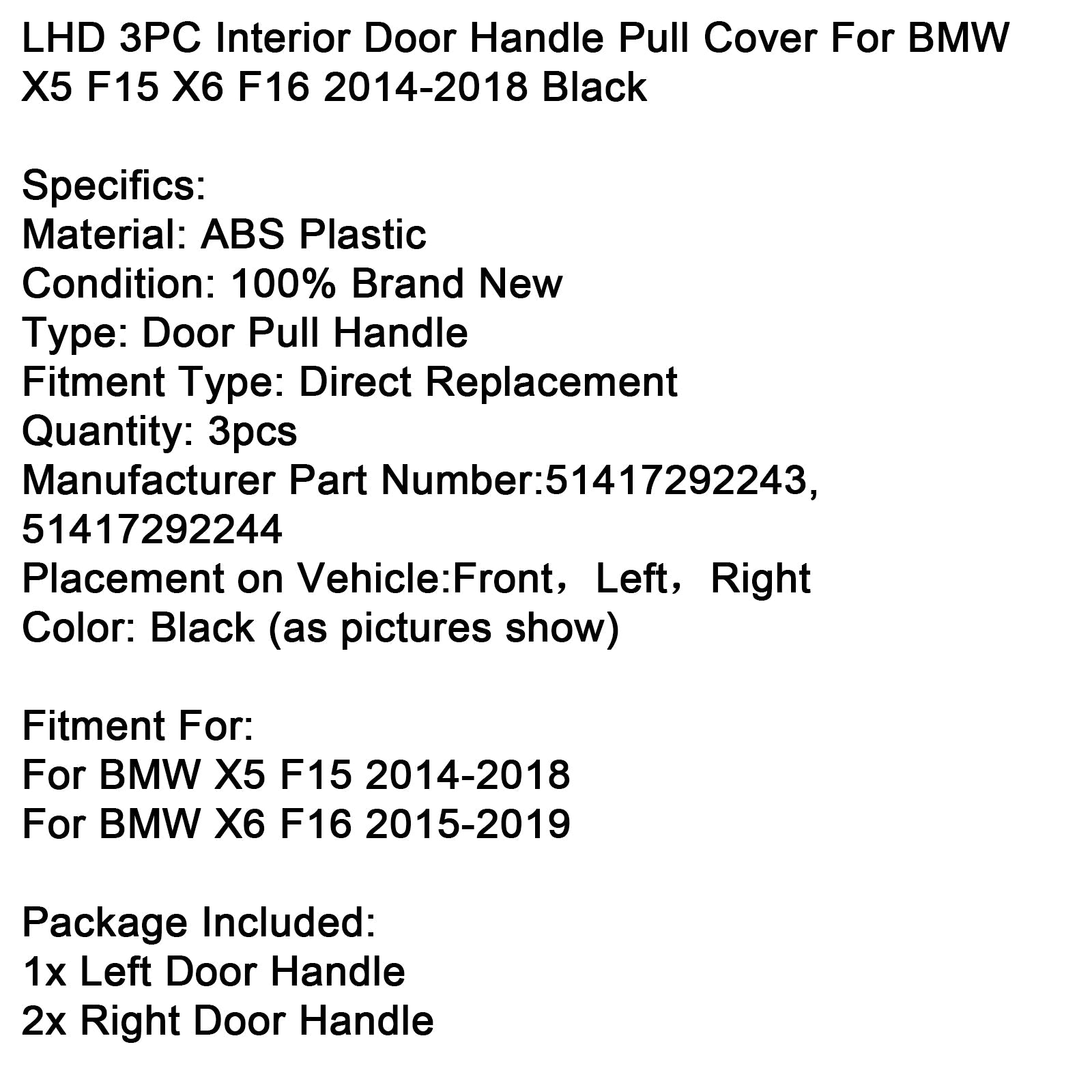 LHD 3PC Interior Door Handle Pull Cover For BMW X5 F15 X6 F16 2014-2018