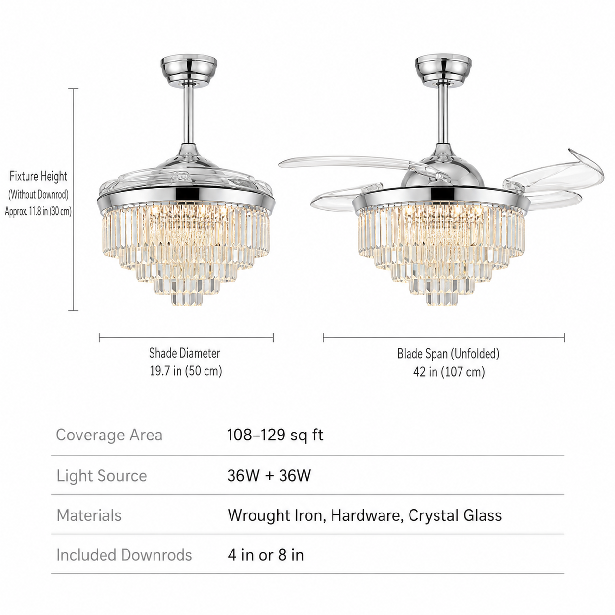 Remote Control Retractable Blades 6 Speeds 42" Crystal Ceiling Fan with Light