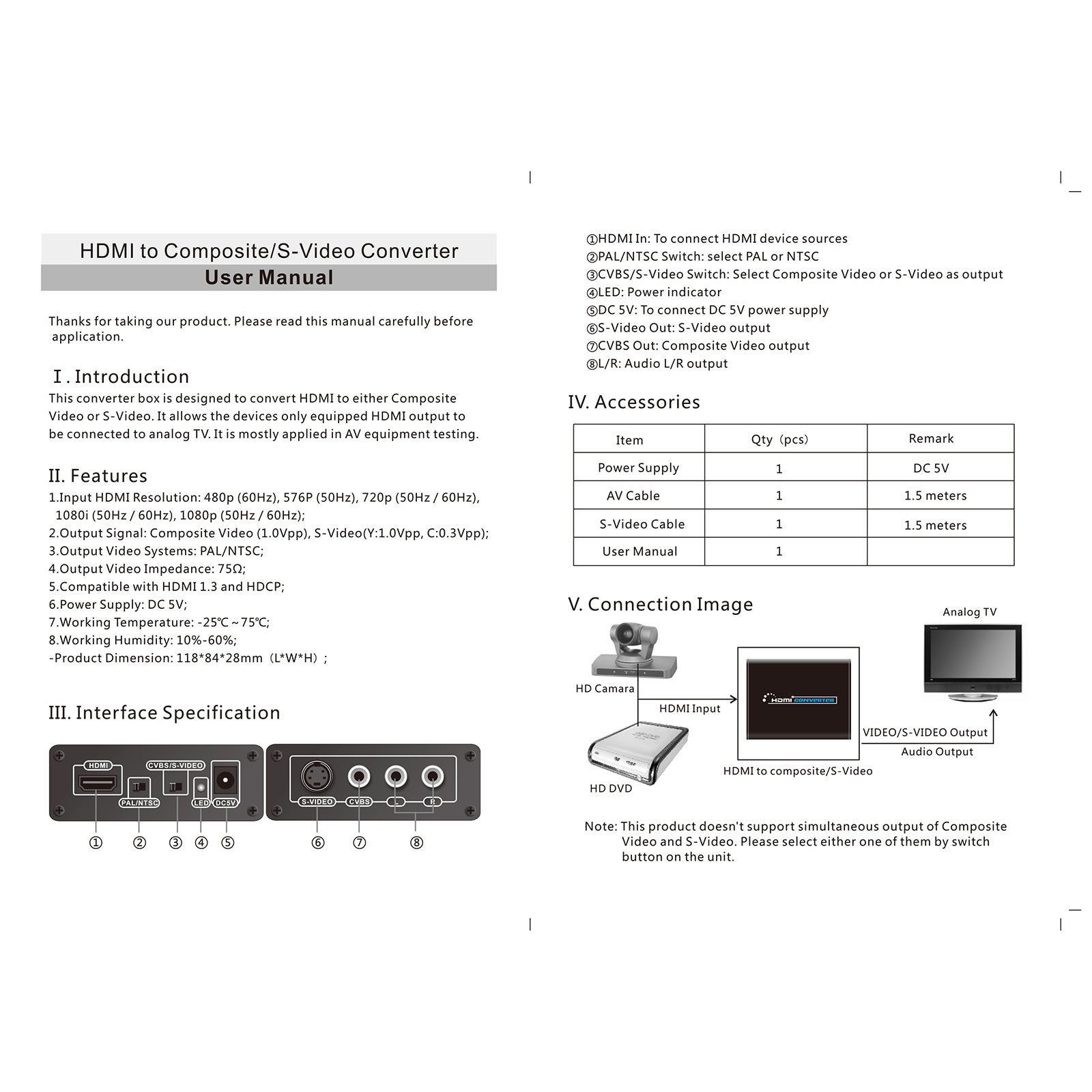 HDMI to 3 RCA AV+S-Video CVBS Composite R/L Audio 1080P Converter UK Plug Power