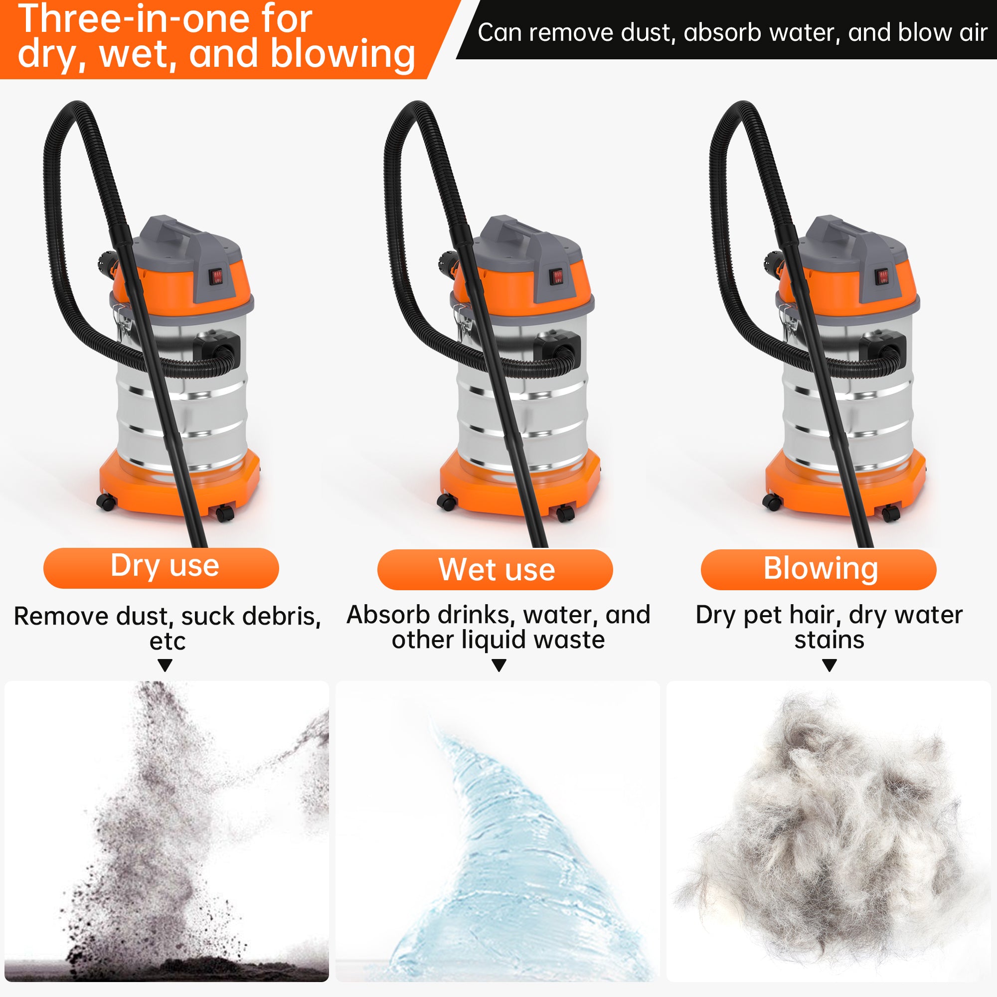 Wet Dry Blow Three Uses 10 Gallon 1200w 8 Peak Hp Stainless Steel Shop Vac Vacuum Cleaner Garage Portable Car Detailing For House Garage Workshop Car