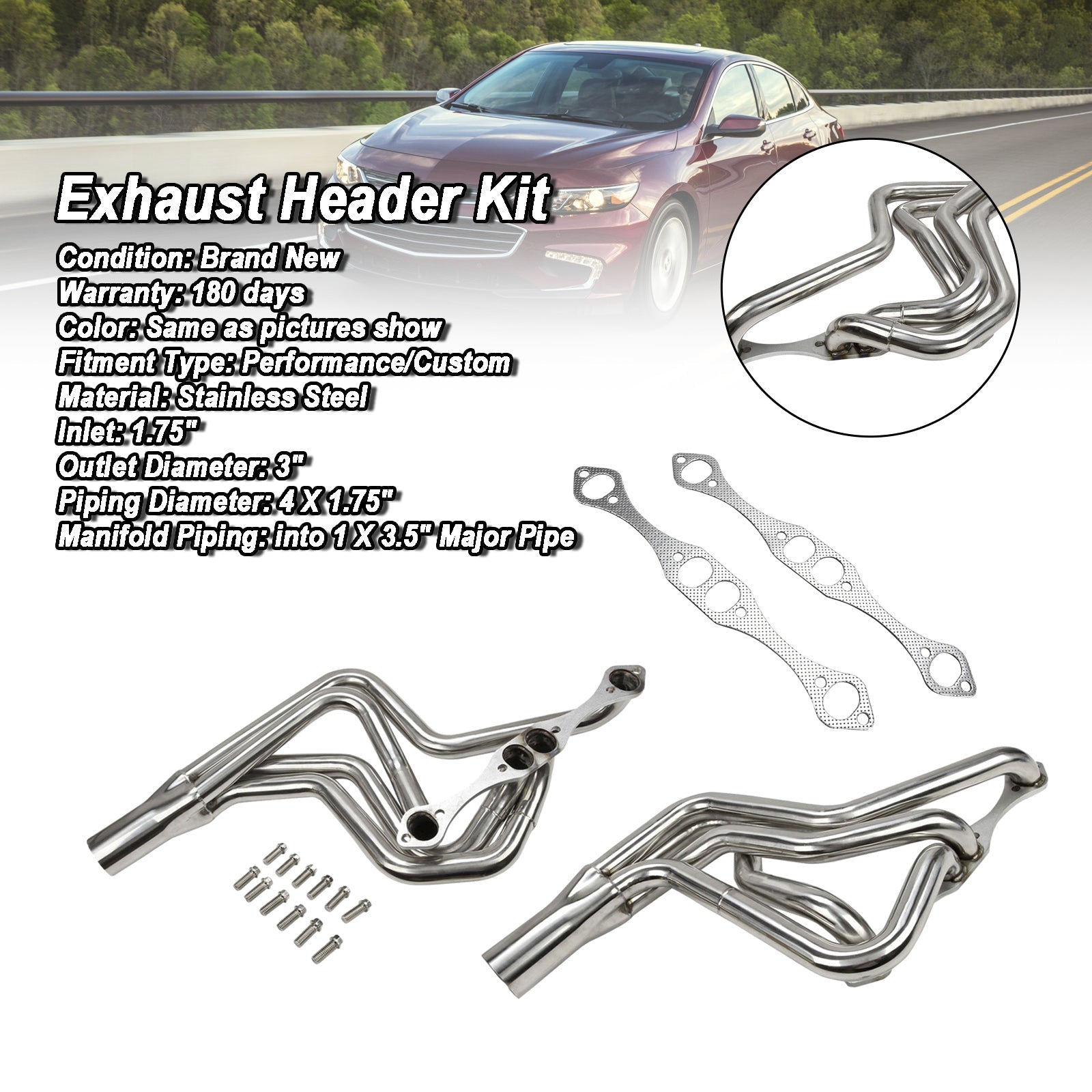 Stainless Steel Exhaust Manifold Header 267-400 fit Chevy SBC V8 1970-1987