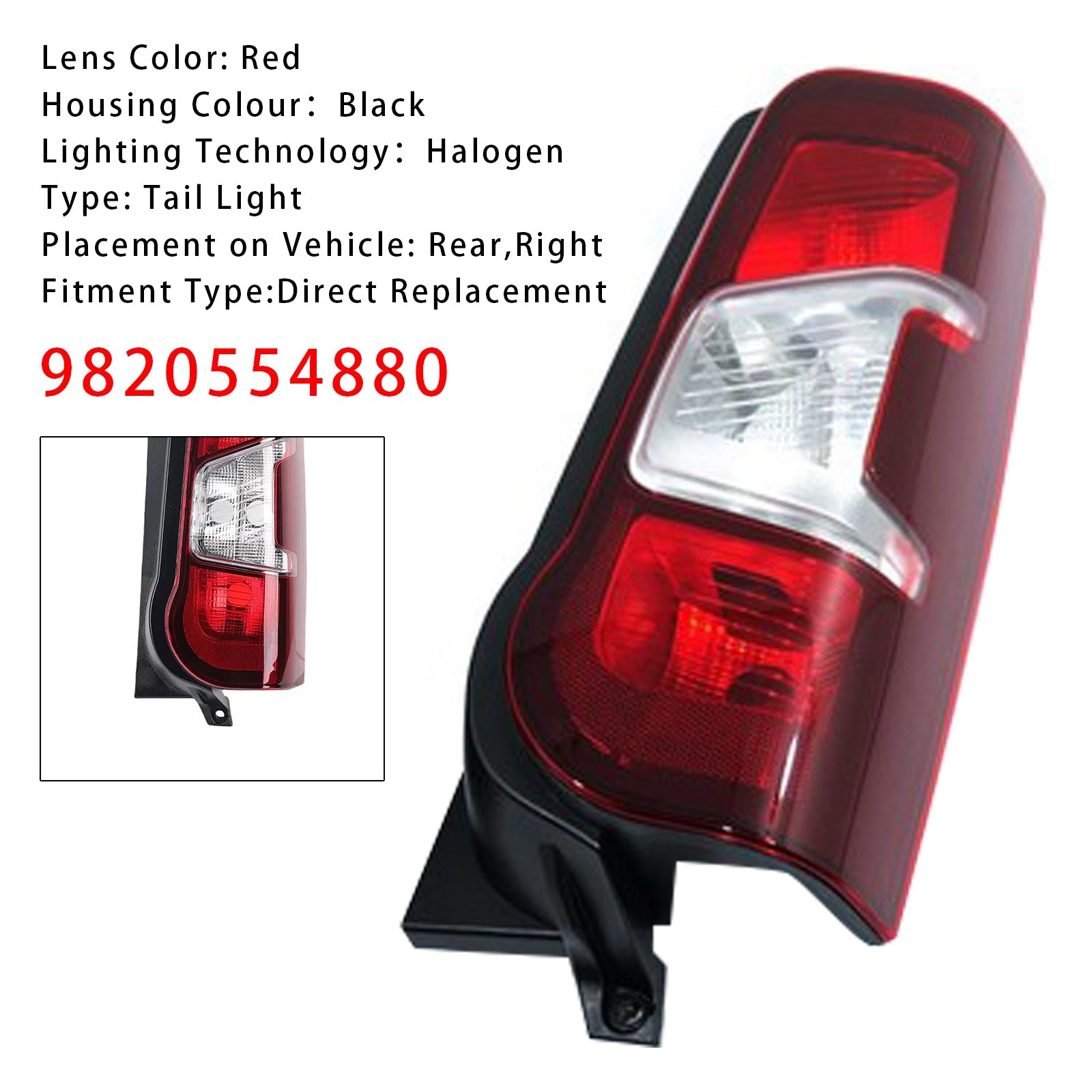 2018-2023 Peugeot Partner Right Side Rear Tail Light Back Lamp 9820554880
