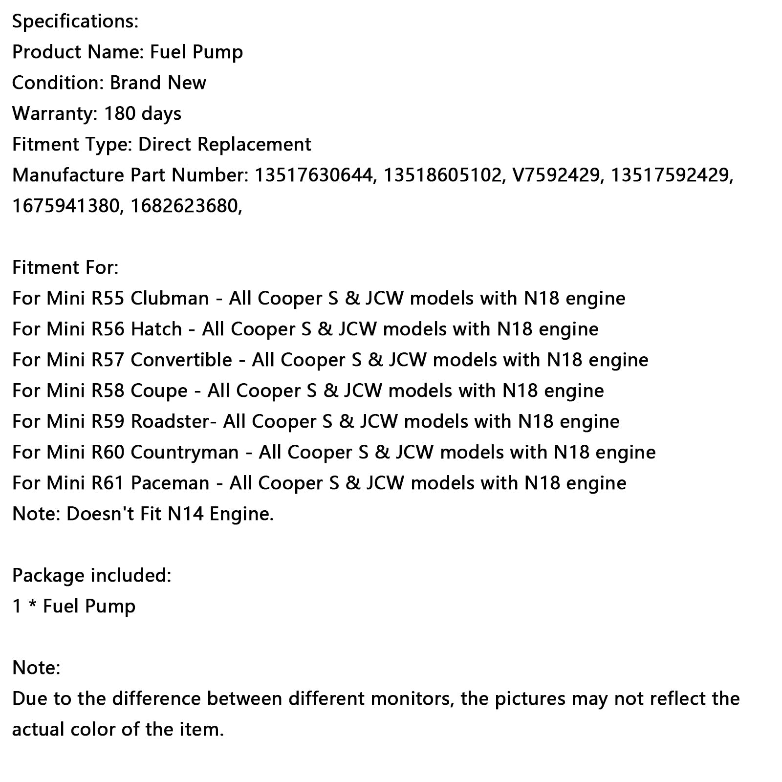 Mini R59 Roadster- All Cooper S & JCW models with N18 engine High Pressure Fuel Pump 13517592429