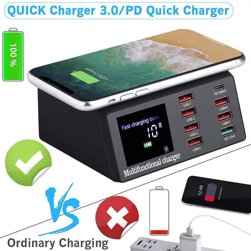 100W 8 Ports USB QC 3.0 Fast PD Quick Adapter Wireless Charging Station UK Plug