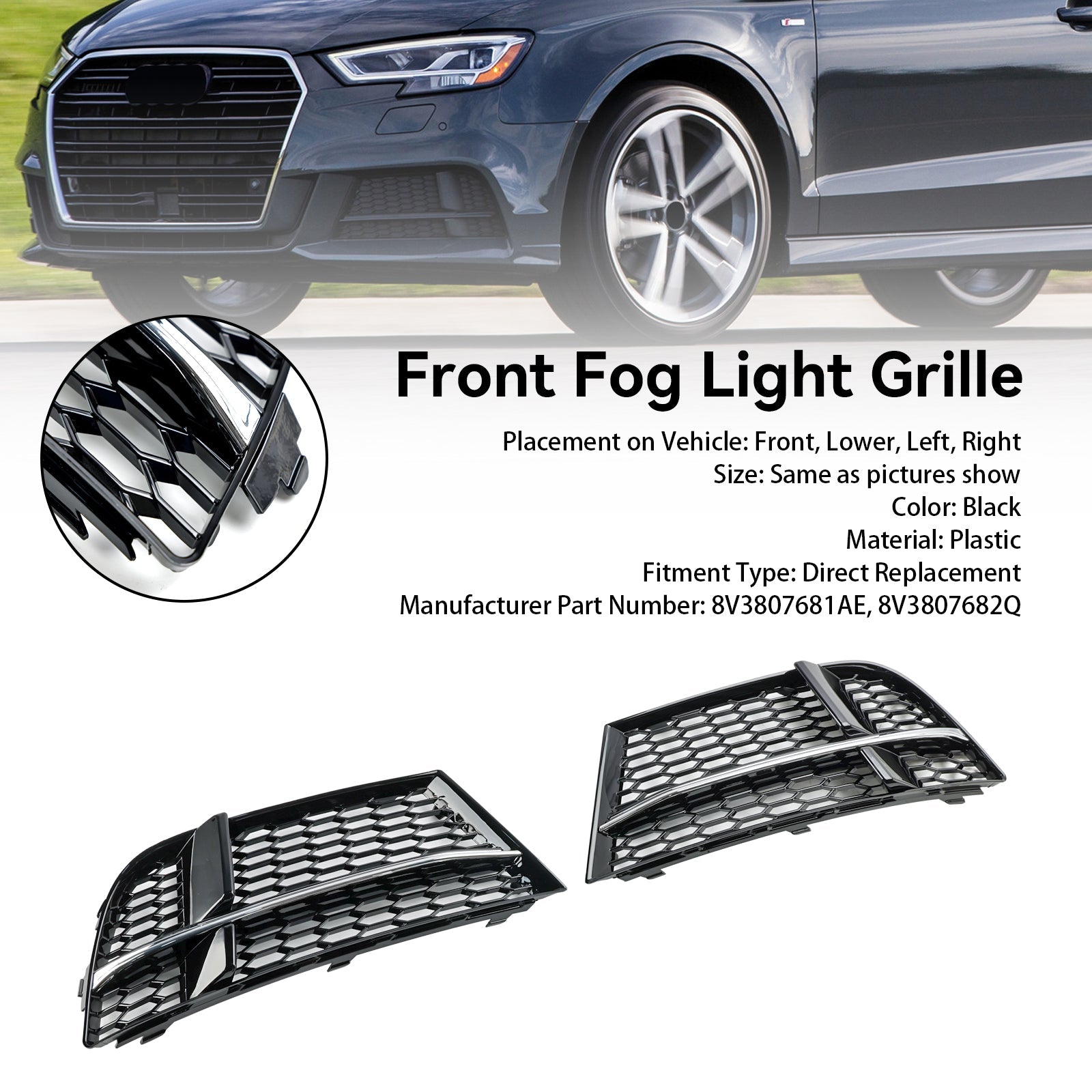 AUDI A3 S-LINE 2017-2019 8V Front Fog Light Cover Bezel Grill Grille 8V3807681AE 8V3807682Q