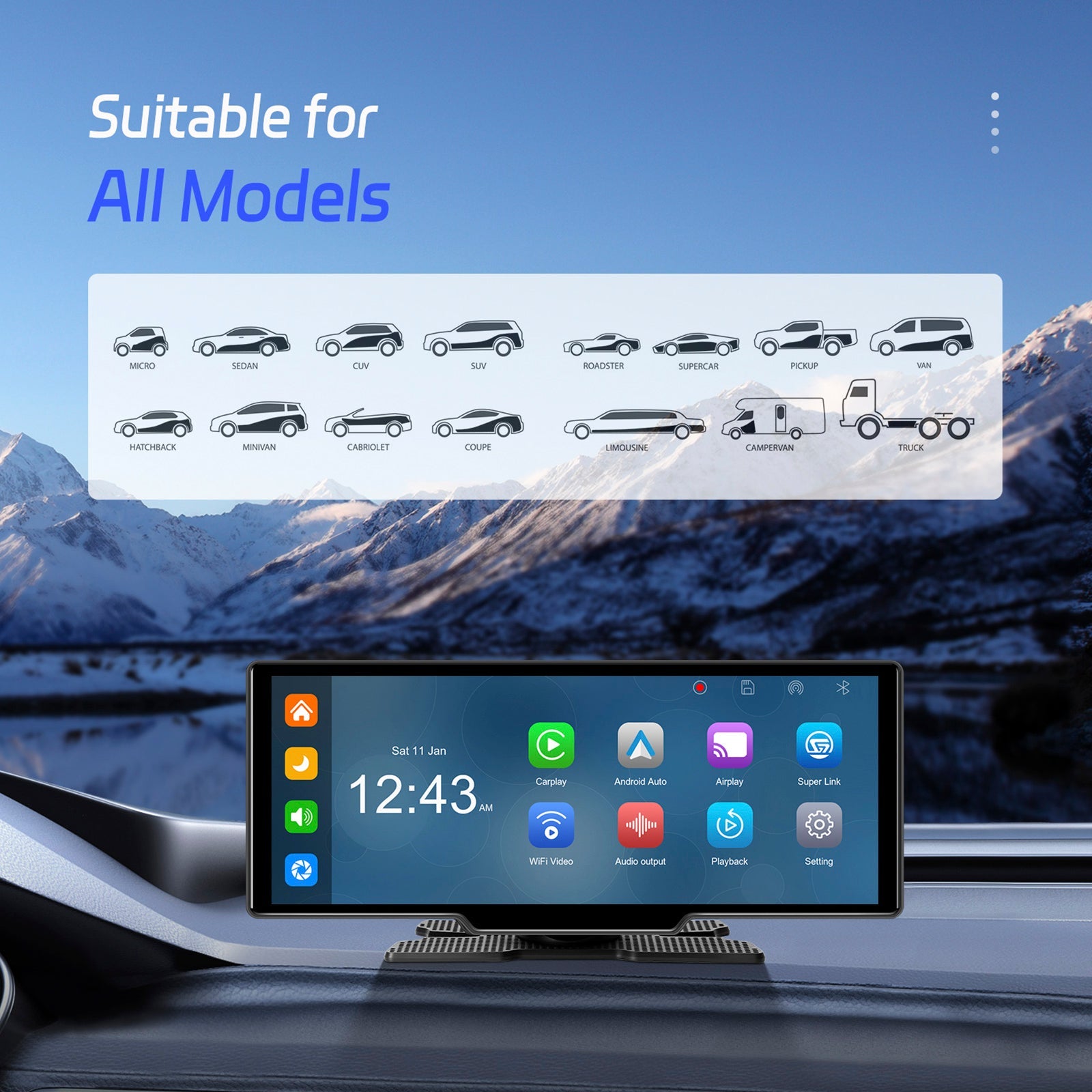 10.77" Portable Bluetooth Car Navigation Wireless Carplay Car Radio AHD Camera