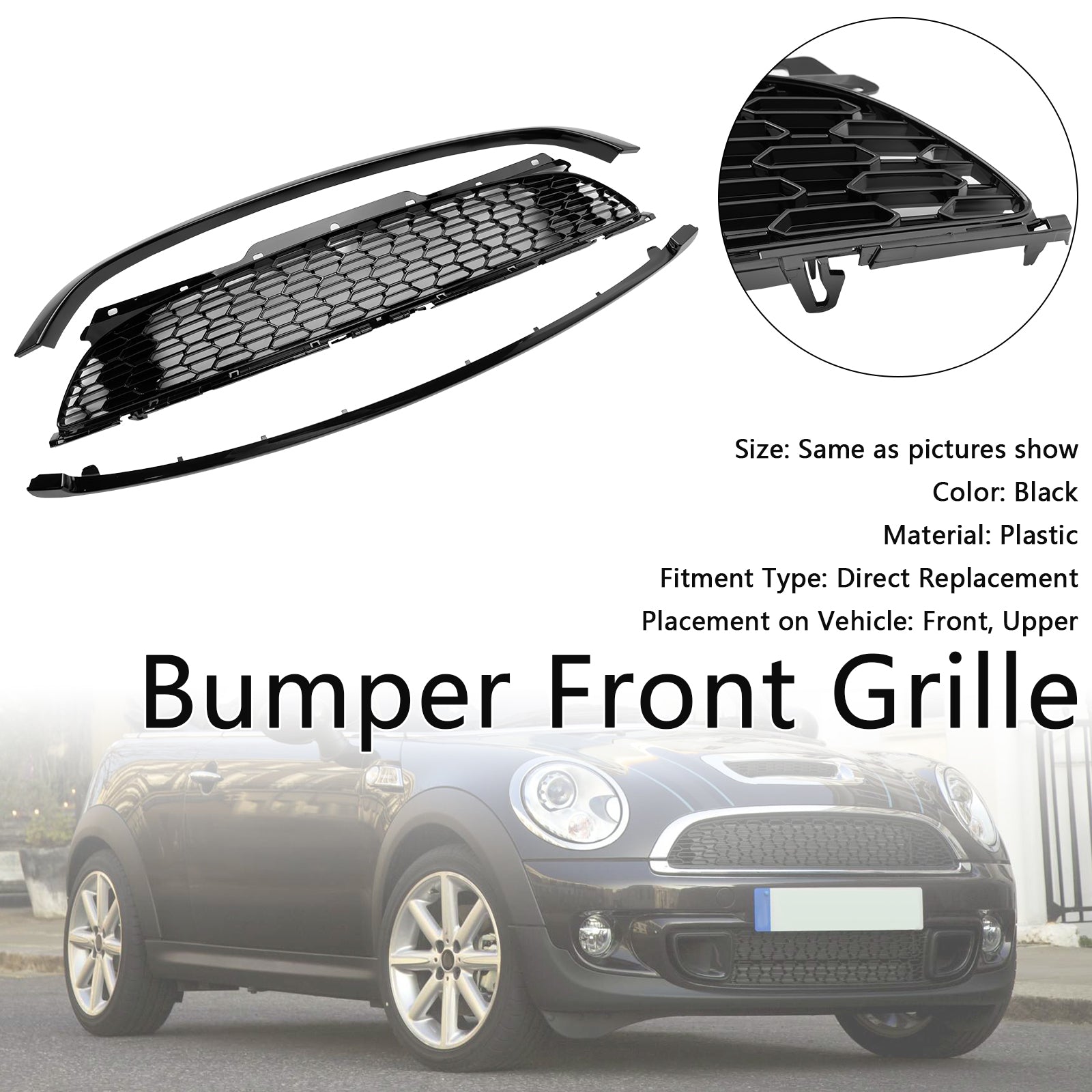 2009-2013 MINI R57 Cooper S & JCW 2-Door Convertible 3PCS Gloss Black Front Grill Grille