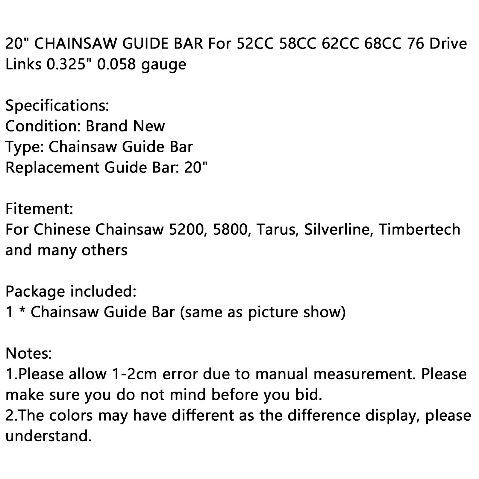 20" CHAINSAW GUIDE BAR For 52CC 58CC 62CC 68CC 76 Drive Links 0.325" 0.778G