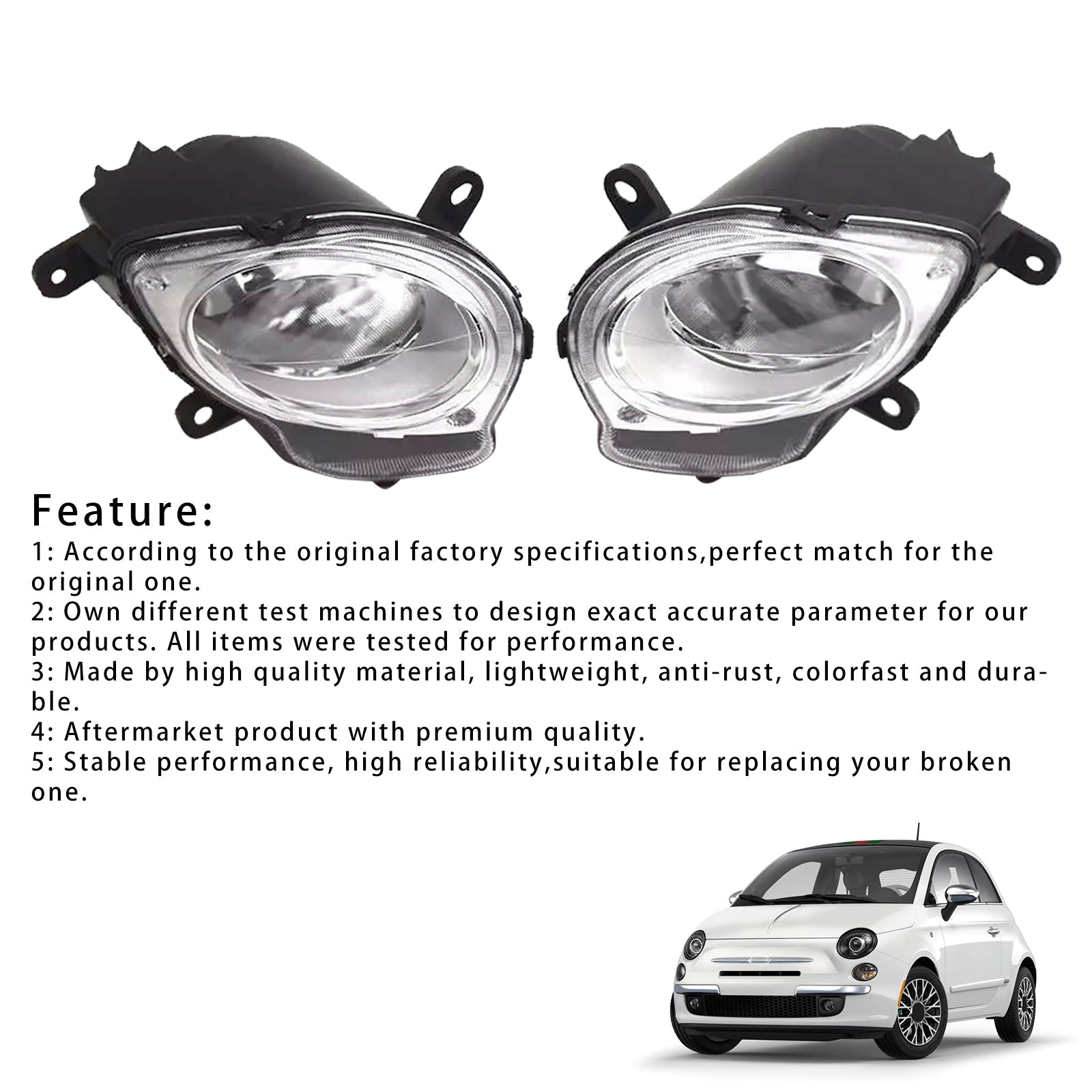 2008-2015 Fiat 500 Hatchback Left+Right High Beam Headlight Headlamp
