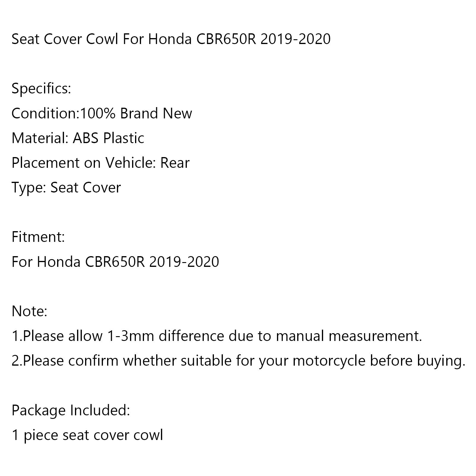 2019-2020 Honda CBR650R Motorcycle Rear Seat Passenger Cover Cowl Fairing