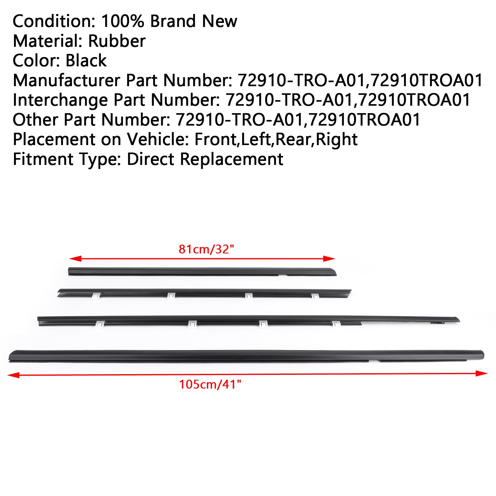 2012-2015 Honda Civic 4pcs Car Weatherstrip Window Moulding Trim Seal Belt A01,72910TROA01