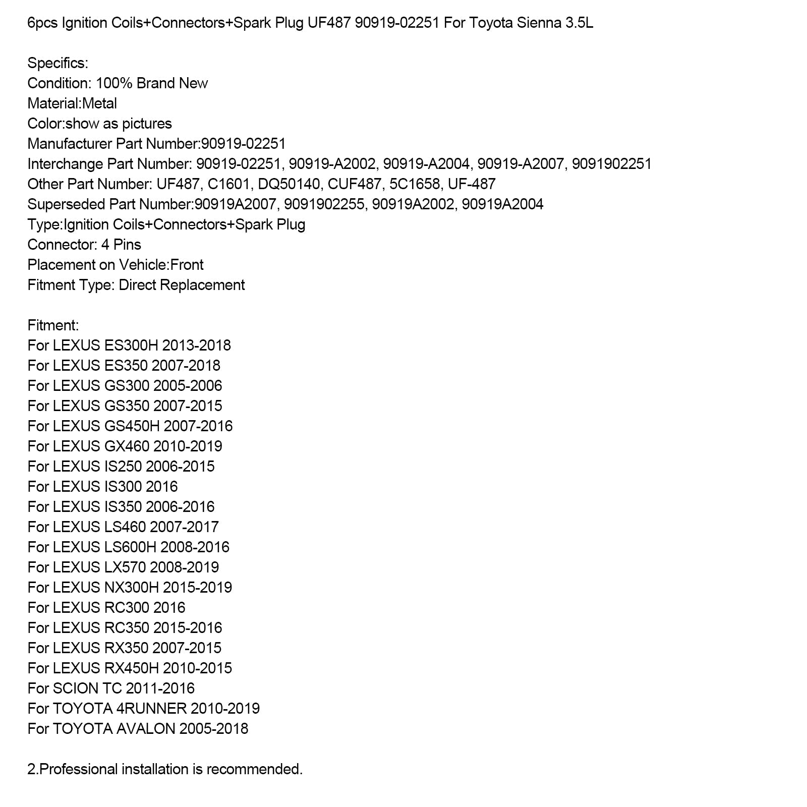 2006-2016 LEXUS IS350 6 Ignition Coils+Connectors+Spark Plug UF487 90919-02251