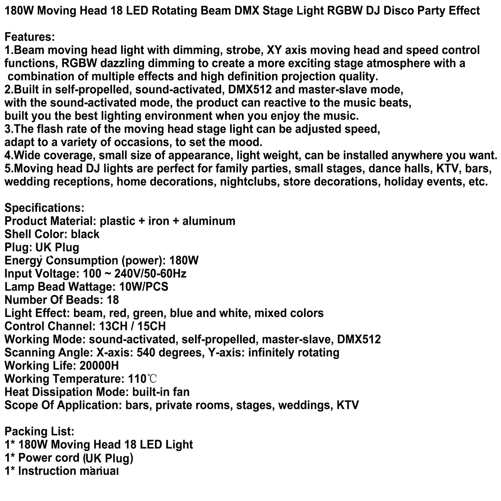 180W Moving Head 18 LED Rotating Beam DMX Stage Light RGBW DJ Disco Party Effect