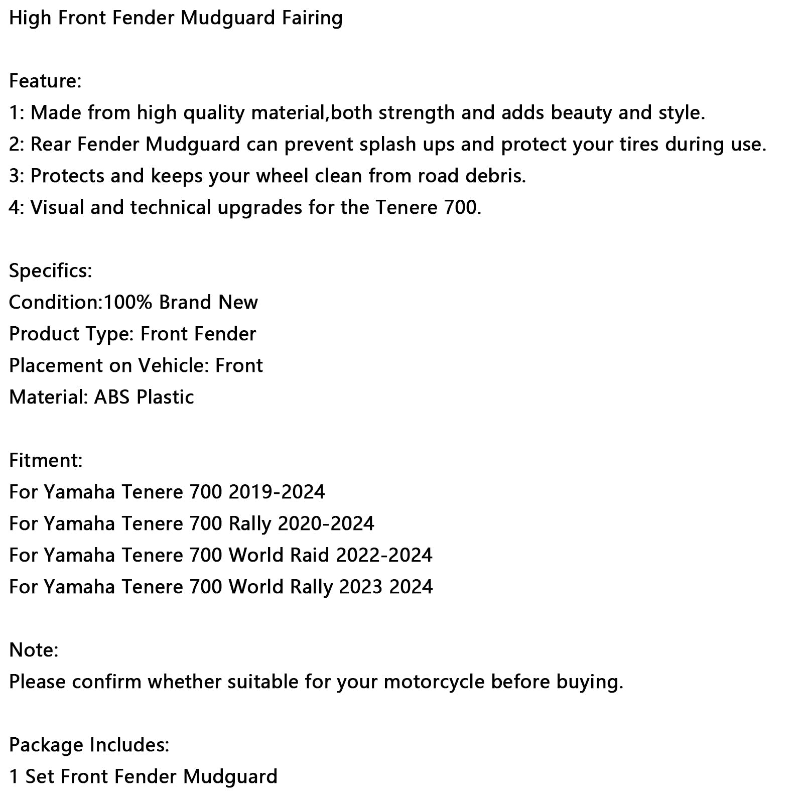 2020-2024 Yamaha Tenere 700 Rally High Front Fender Mudguard Fairing