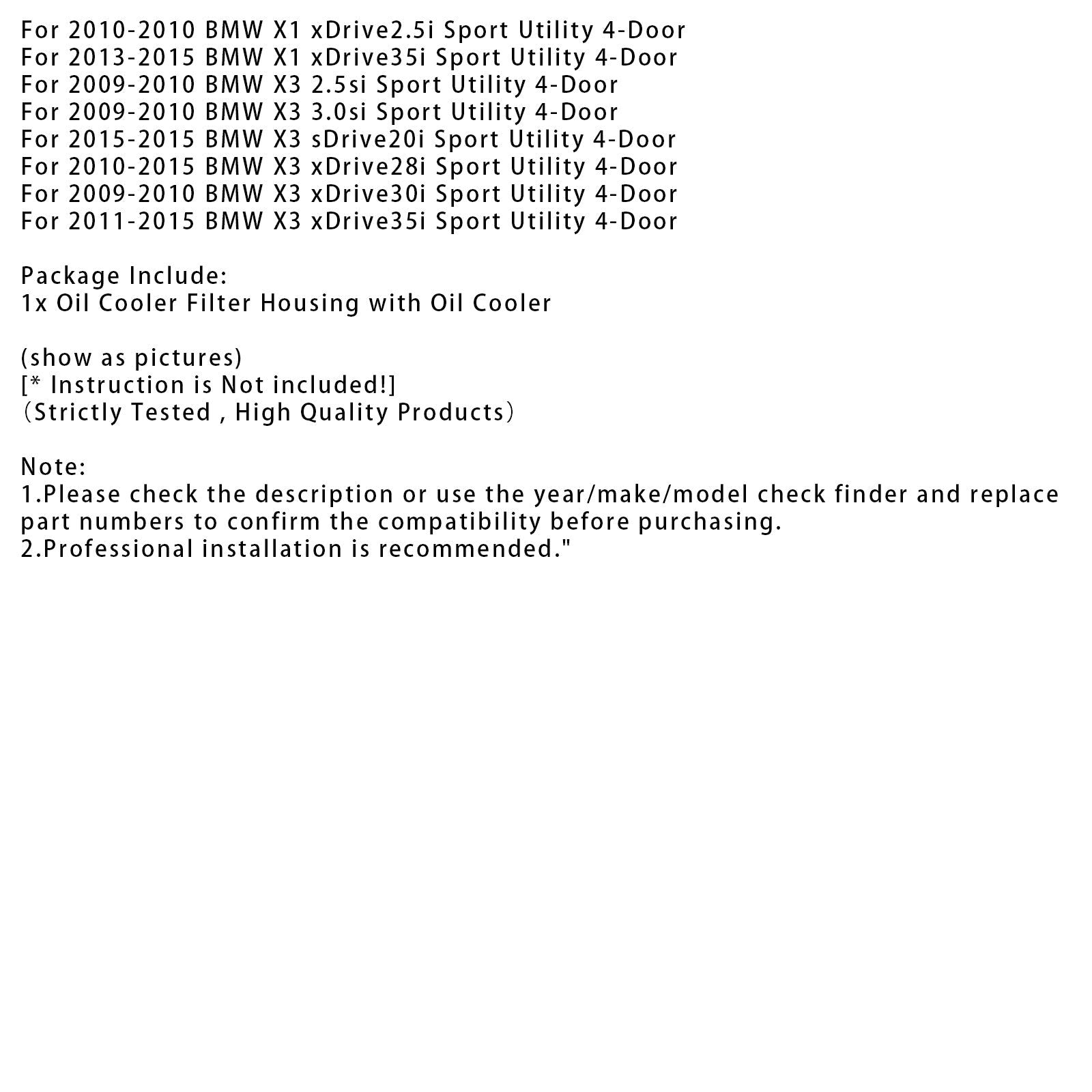 2010 BMW X1 xDrive2.5i Sport Utility 4-Door Engine Oil Cooler Oil Filter Assembly 11428637812