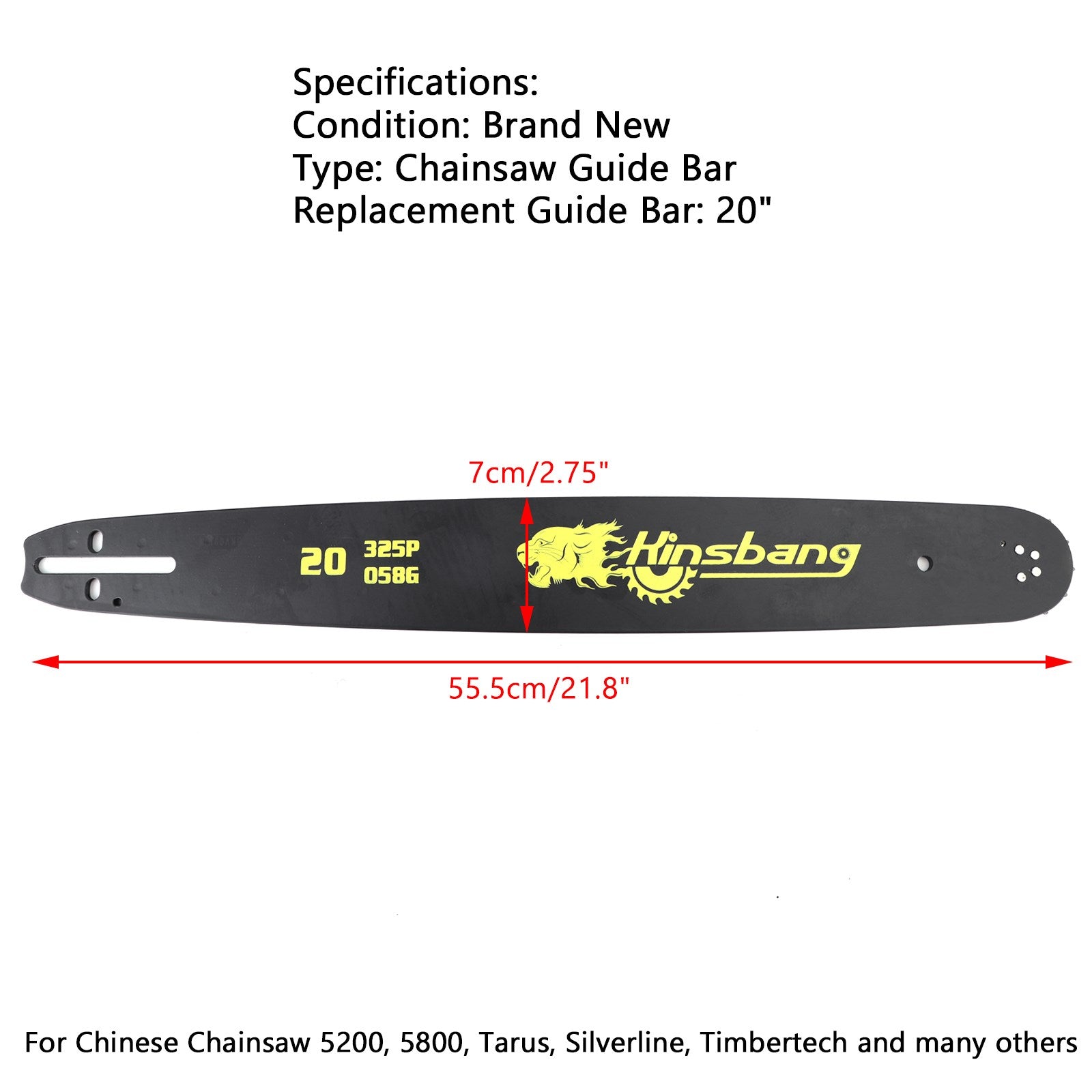 20" CHAINSAW GUIDE BAR For 52CC 58CC 62CC 68CC 76 Drive Links 0.325" 0.778G