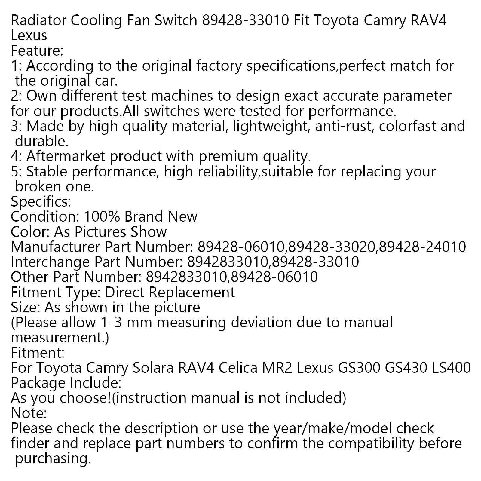 Radiator Cooling Fan Switch 89428-33010 Fit Toyota Camry RAV4 Lexus Generic